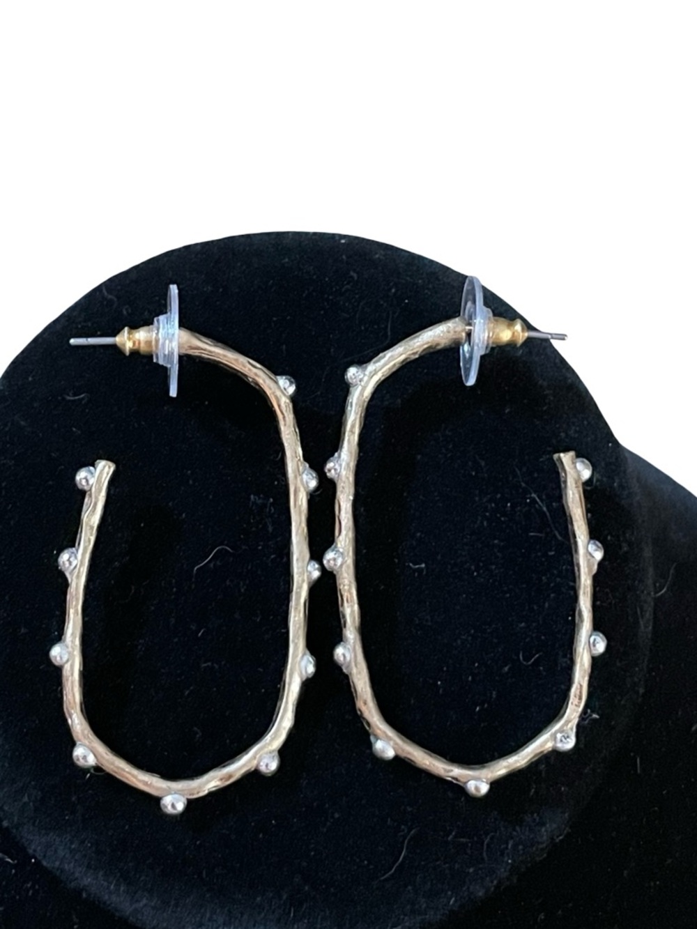 Oval hoop earring mix gold silver tone twig branch texture dots pierced 2 inch - Picture 2 of 11